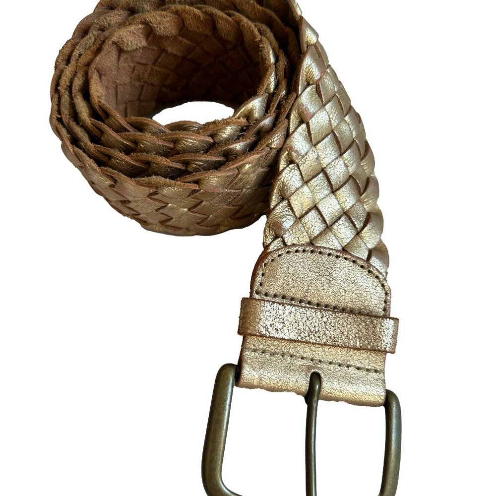 2 Belts!  1 - FOSSIL Braided Leather Belt WOMENS Large Gold, 1 - unknown brand
